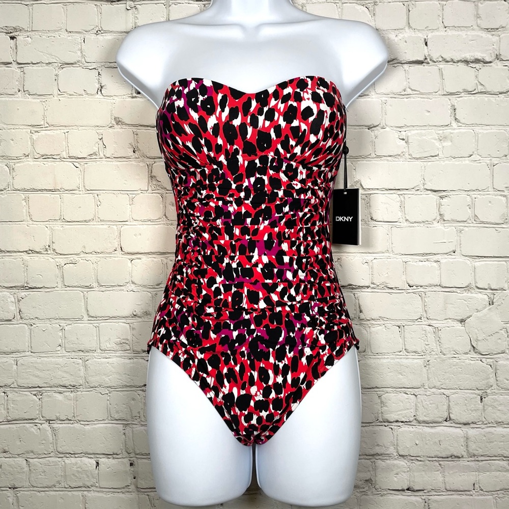 3/$20 NWT DKNY Animal Print Pleated Bandeau One Piece Swimsuit 4